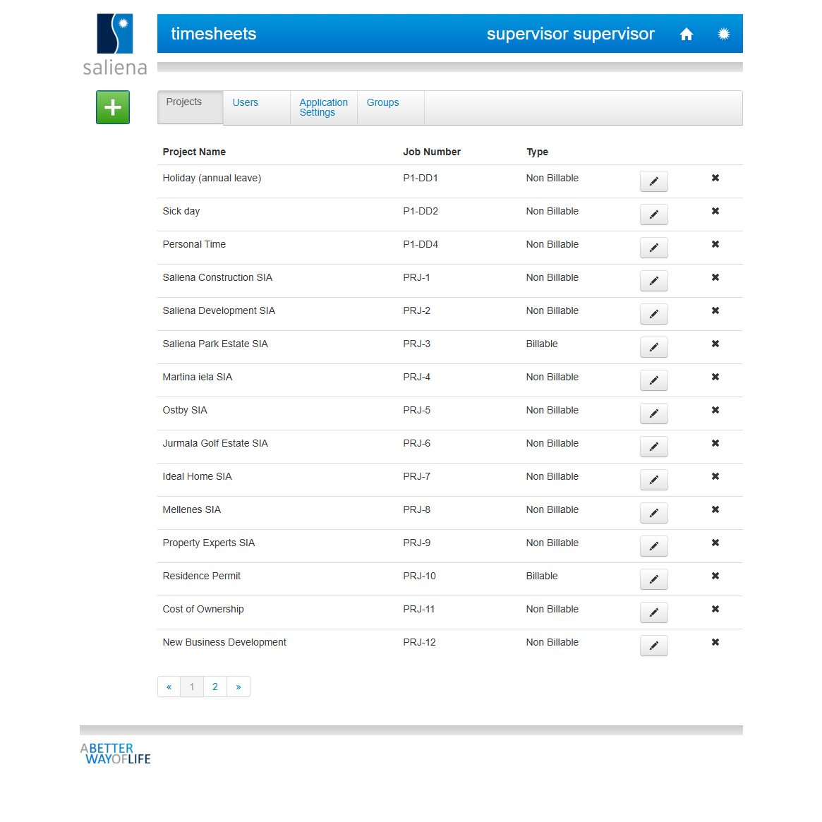 Projects list in configuration
