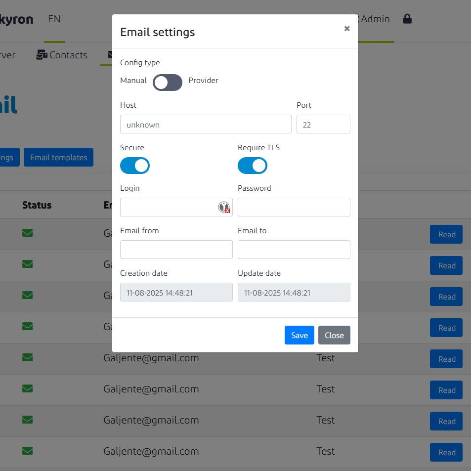 Admin email server configuration