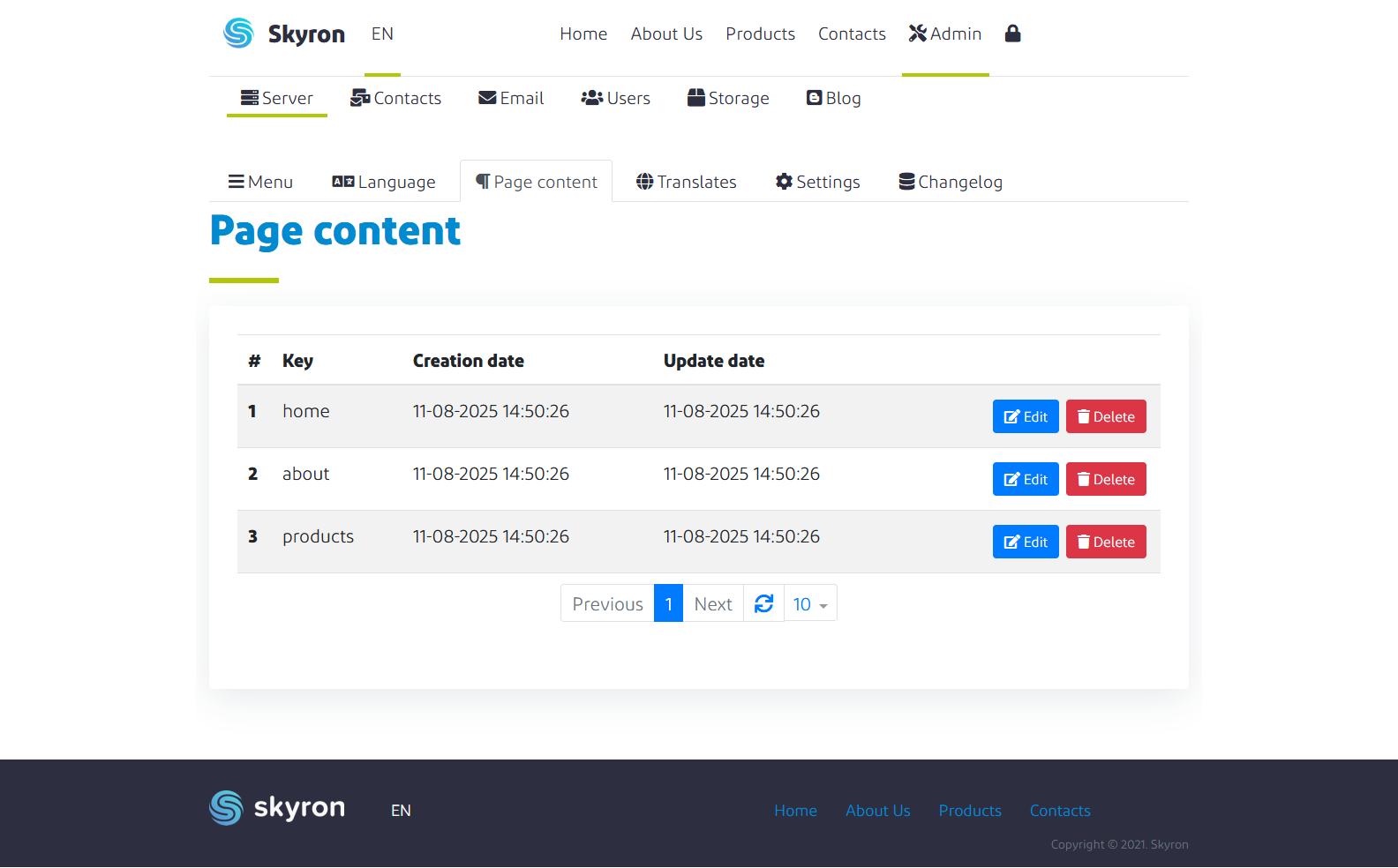 Admin page configuration